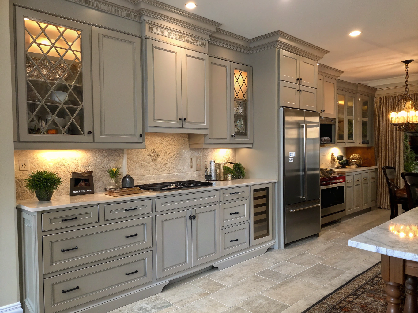 Transitional kitchen design concept with zellige tile and Taj Mahal quartzite