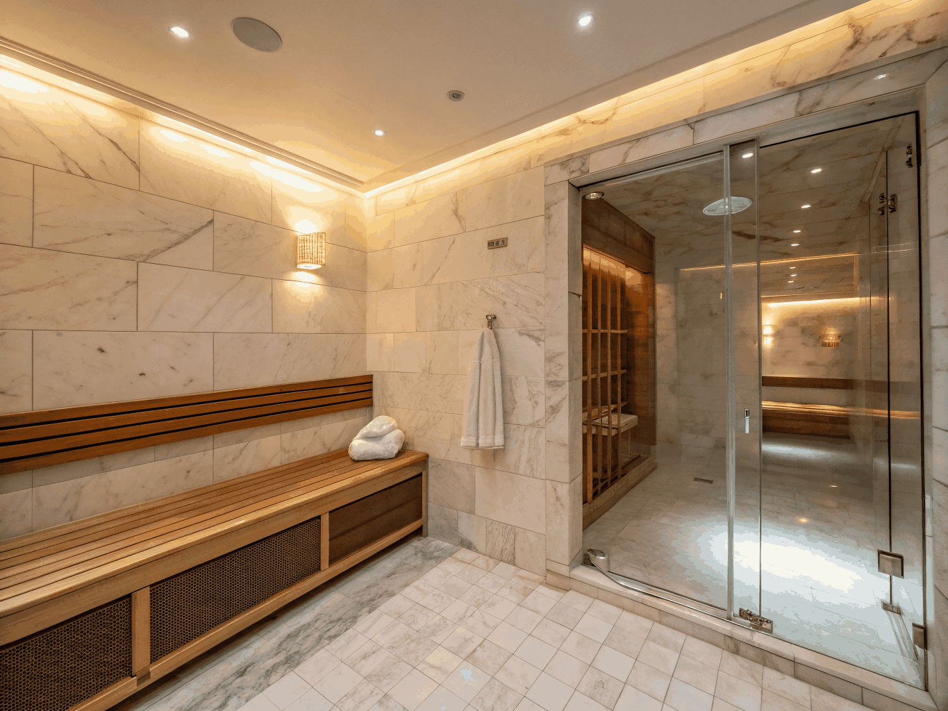 Spa retreat bathroom with custom steam shower and recessed ambient lighting