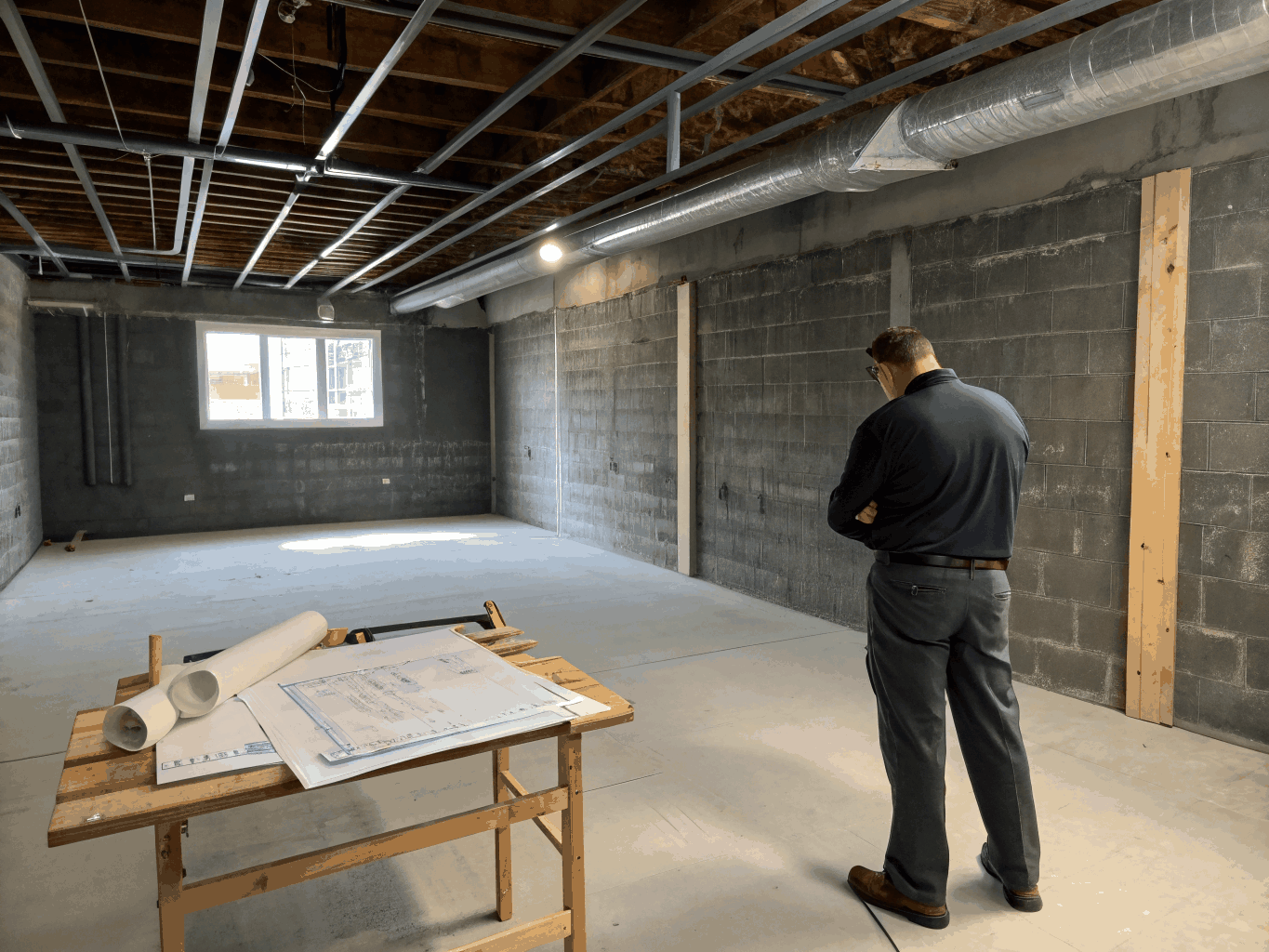 Contractor and homeowner discussing architectural basement plans on an open framing floor