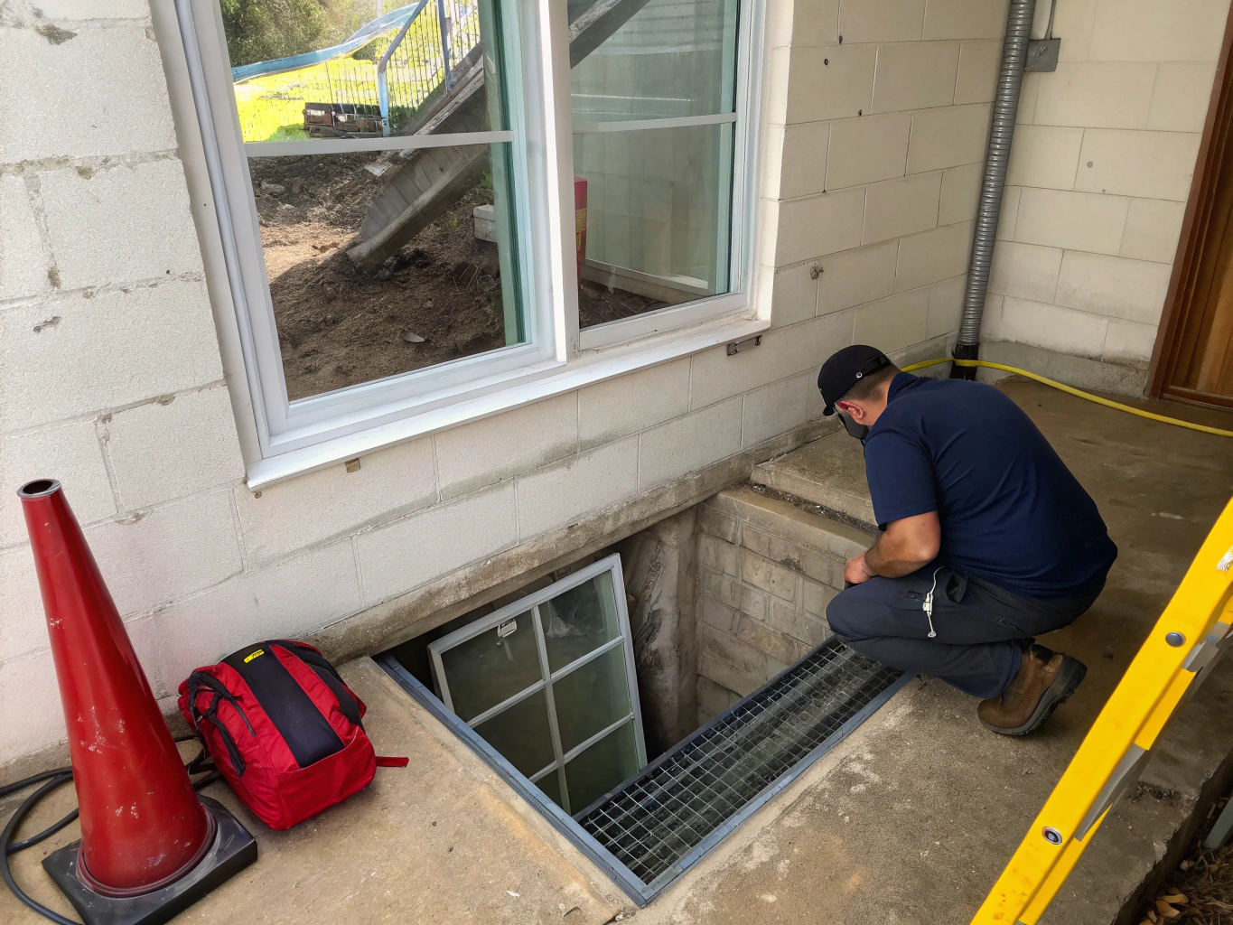 Code-compliant egress window well installation providing natural daylight to renovated lower level
