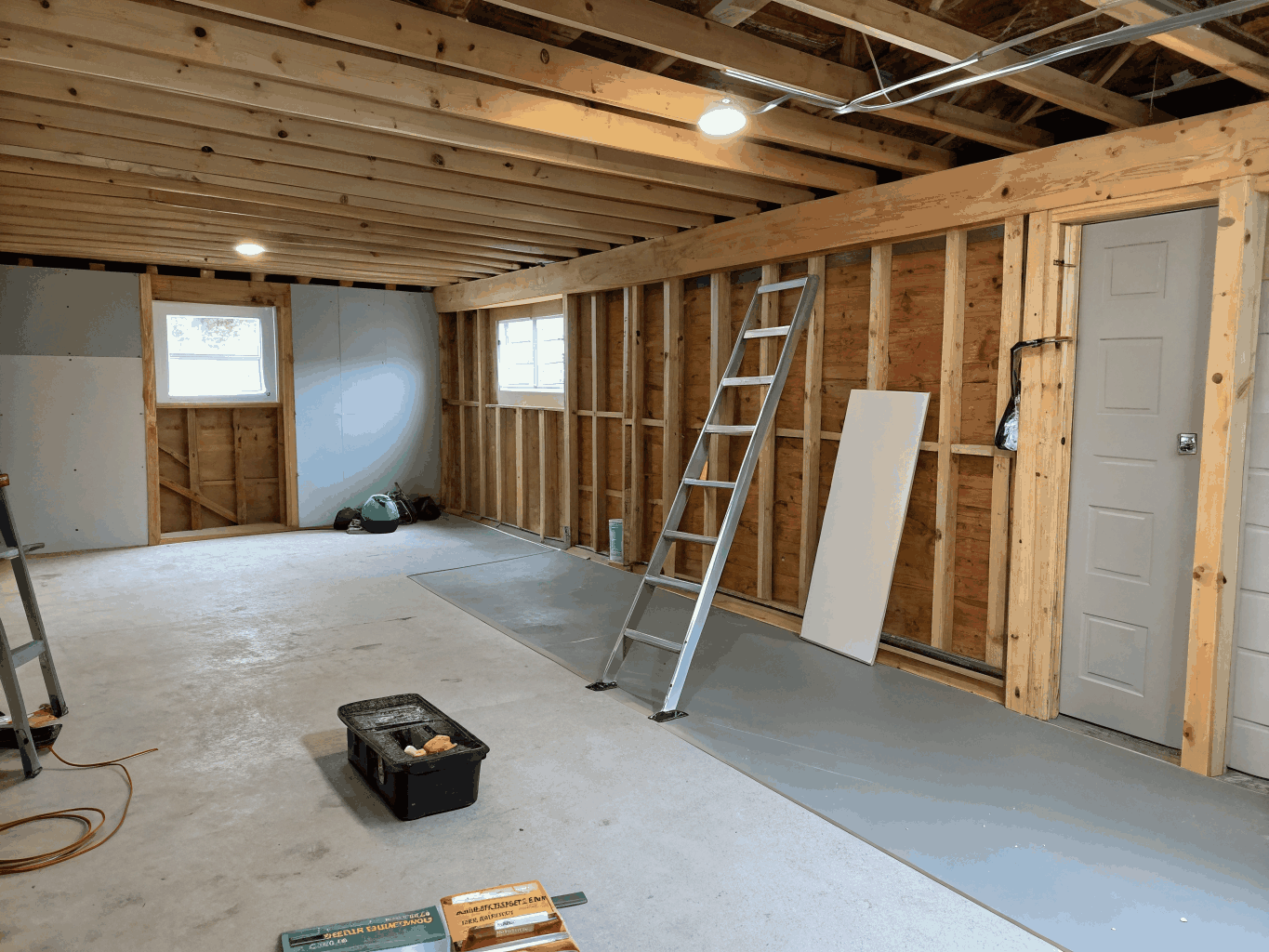 Clean framing, mechanical rough-ins, and drywall installation during a luxury basement build