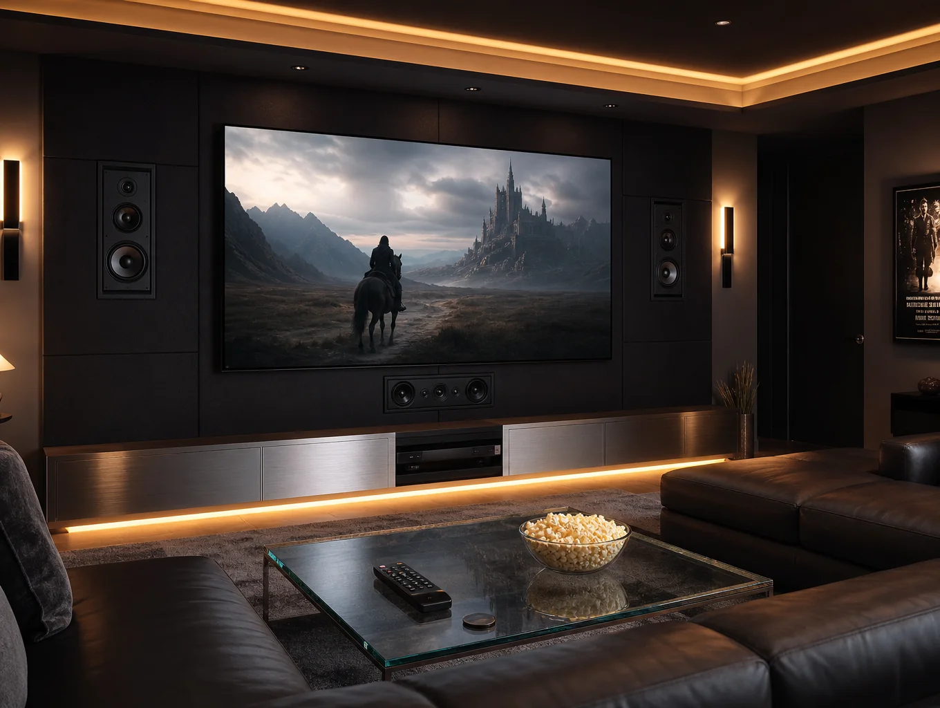 Modern basement entertainment lounge and media space with built-in storage and luxury lighting