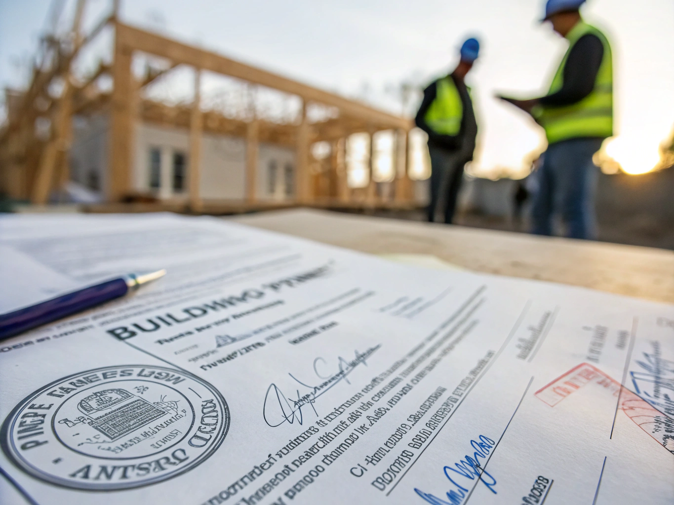 Approved municipal building permit documents laid out at a residential construction jobsite