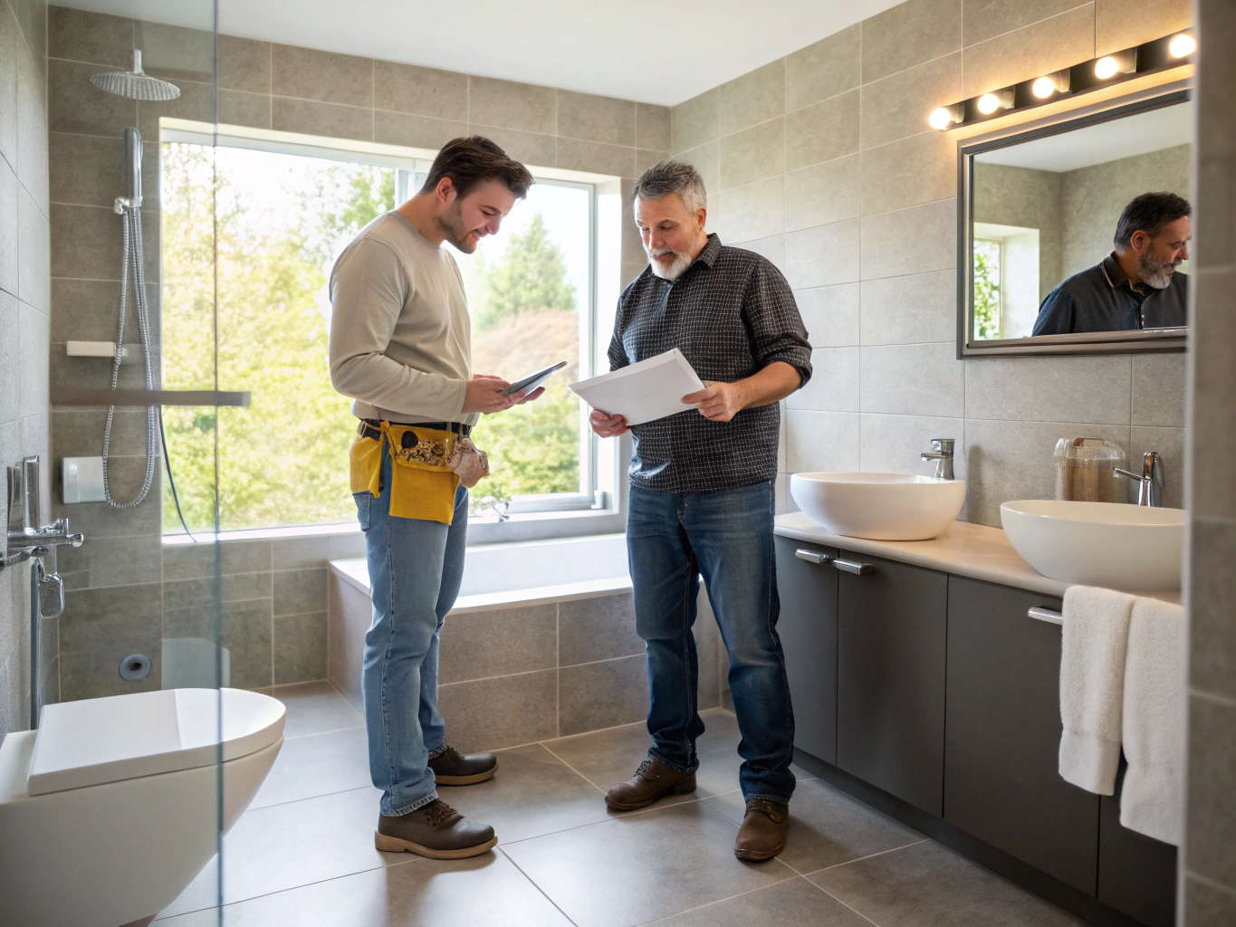 Contractor and homeowner reviewing bathroom floor plan and measuring vanity space