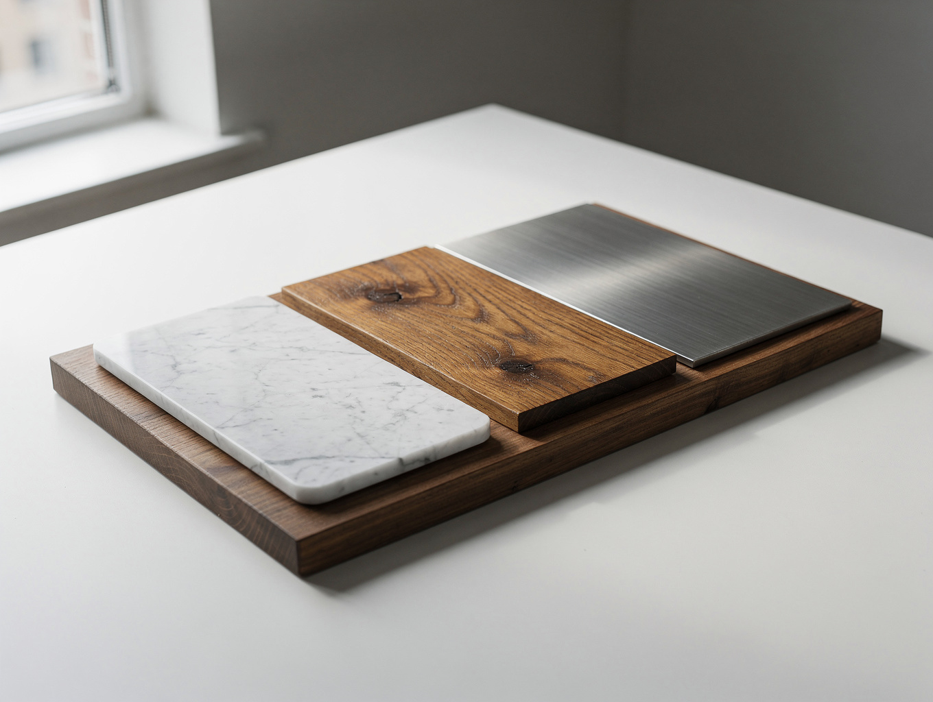 Sample board with marble tile swatches, brushed brass hardware, and quartz countertop