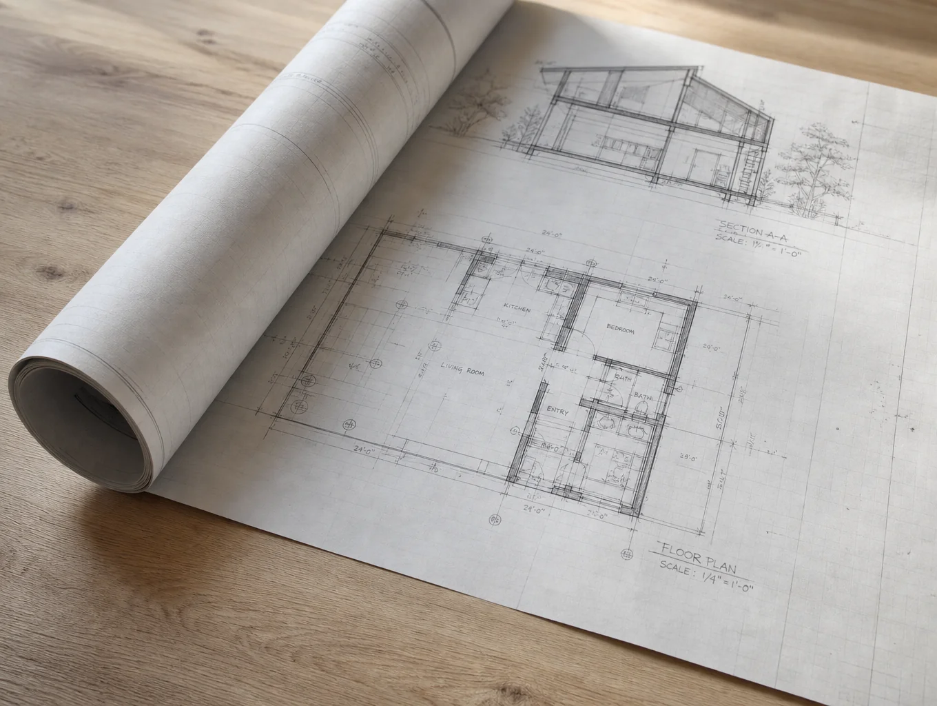 Approved residential architectural blueprints with permit documentation