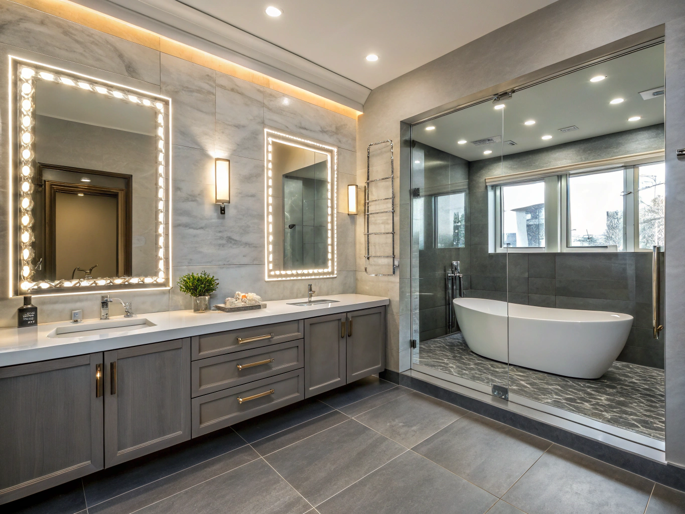 Spacious master bathroom with glass shower enclosure and modern vanity