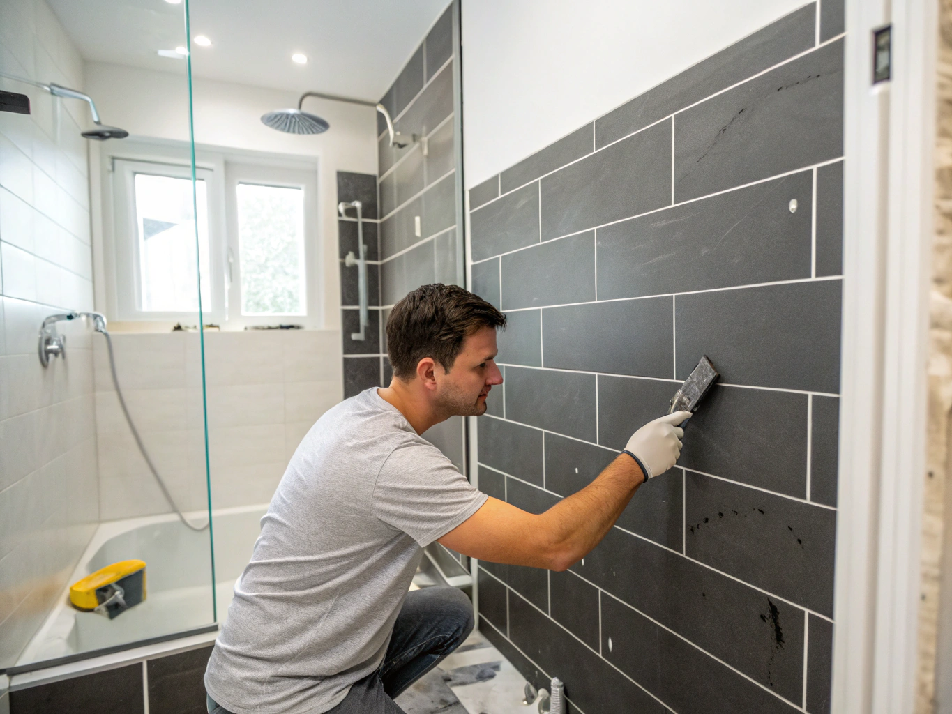 Tile craftsman installing large format porcelain wall tiles in a custom walk-in shower