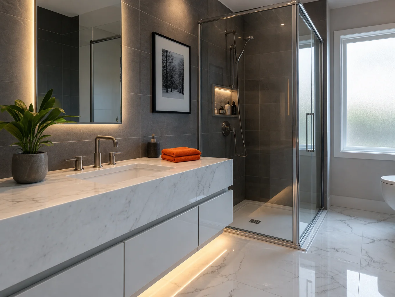 Detailed view of brushed brass fixtures, marble vanity counter, and herringbone shower tile installation