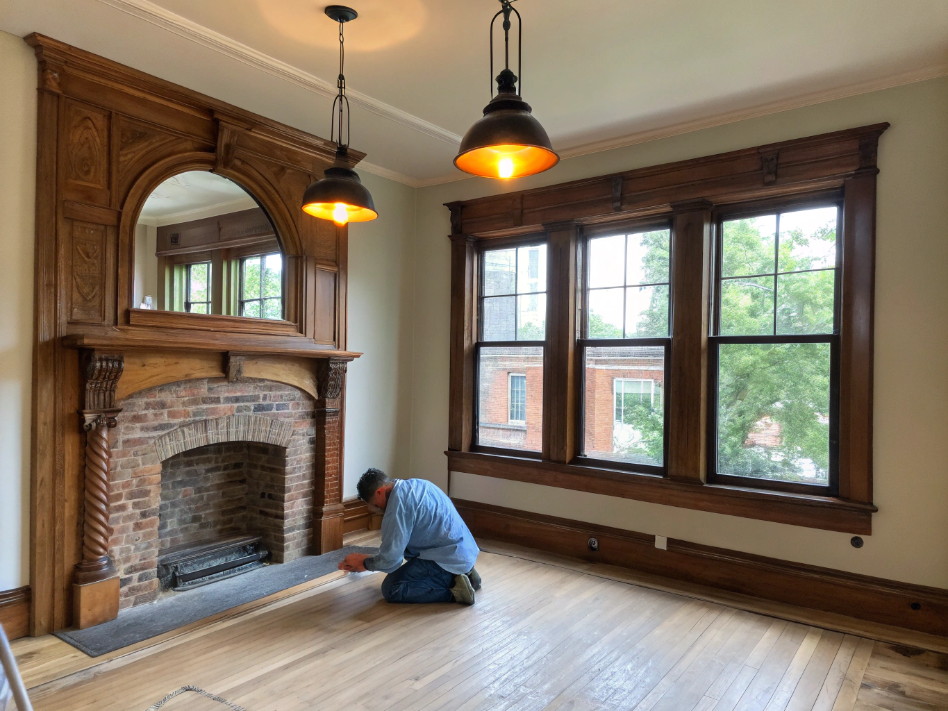Custom architectural interior renovation with detailed crown molding, built-in shelving, and hardwood floors