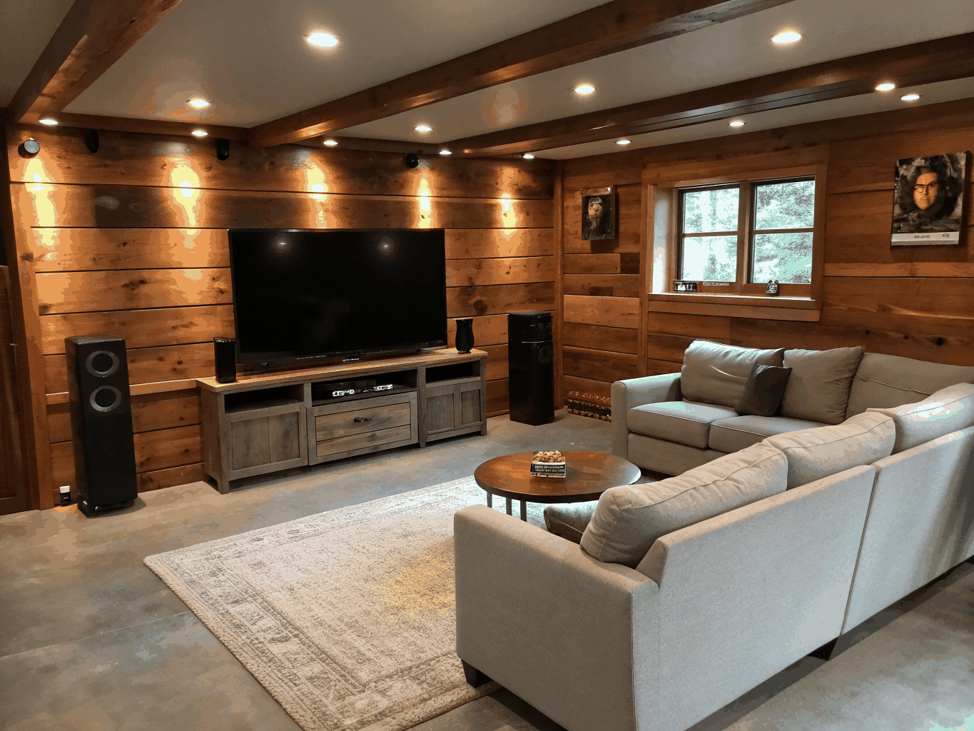 Modern basement media room and private office conversion with acoustic wood wall panels