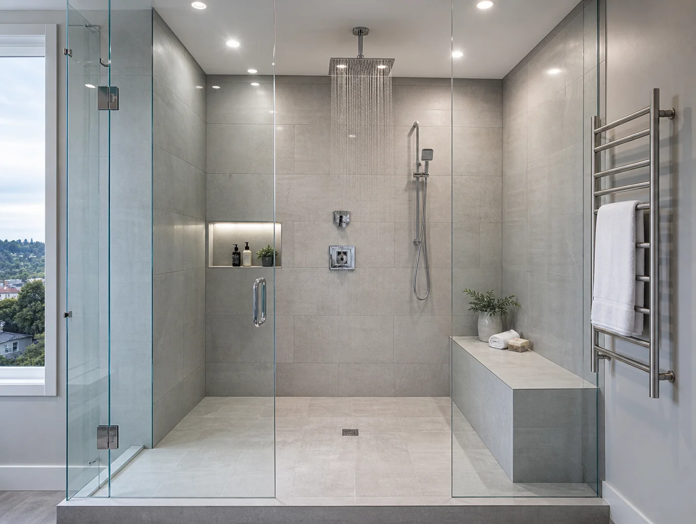 Walk-in shower renovation with frameless glass and natural stone tile