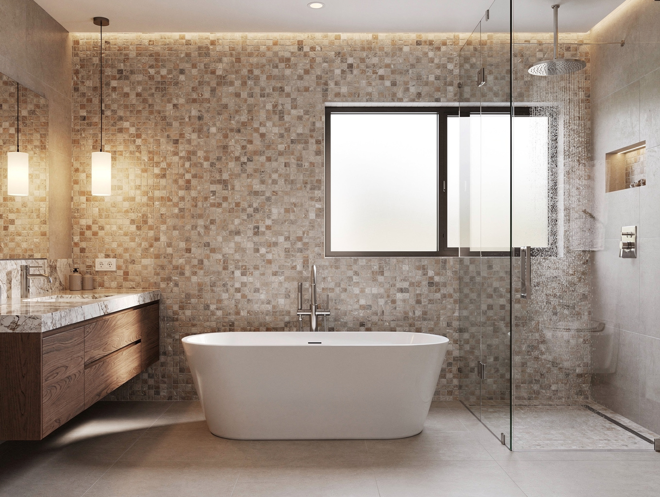 Master bathroom remodel with curbless shower and brass fixtures in Brookhaven