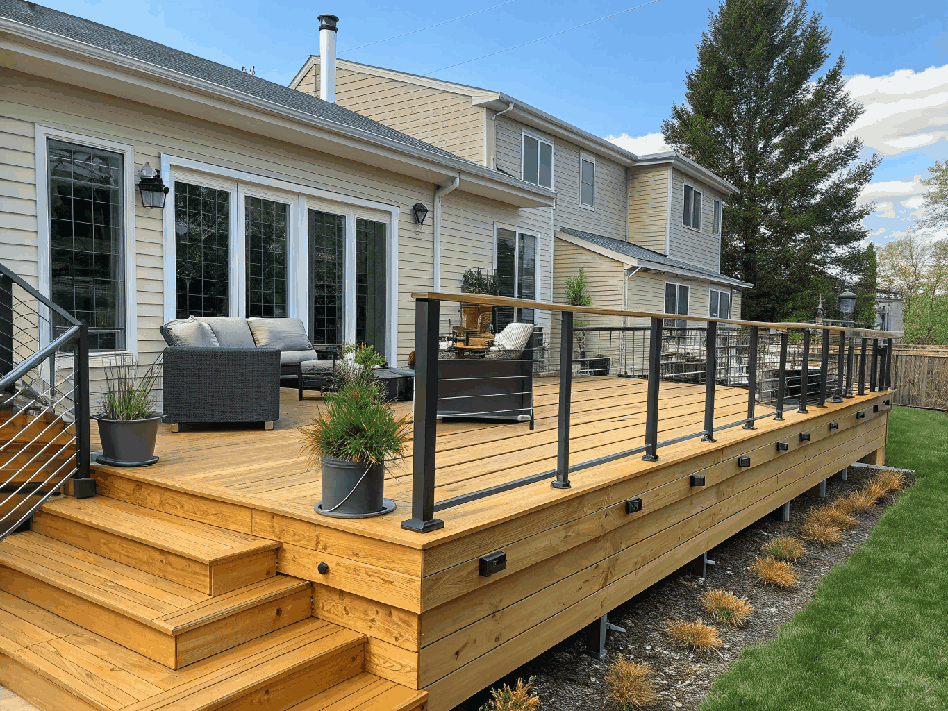 Custom timber deck construction with modern black aluminum railings overlooking wooded backyard