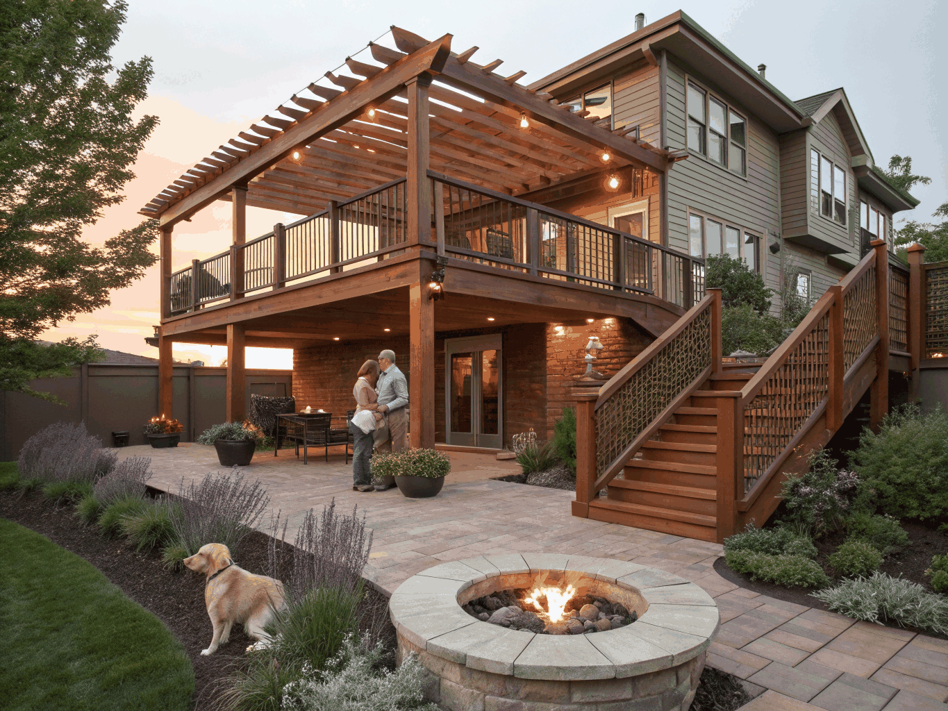 Multi-tiered composite deck with dark metal railings overlooking landscaped Georgia backyard