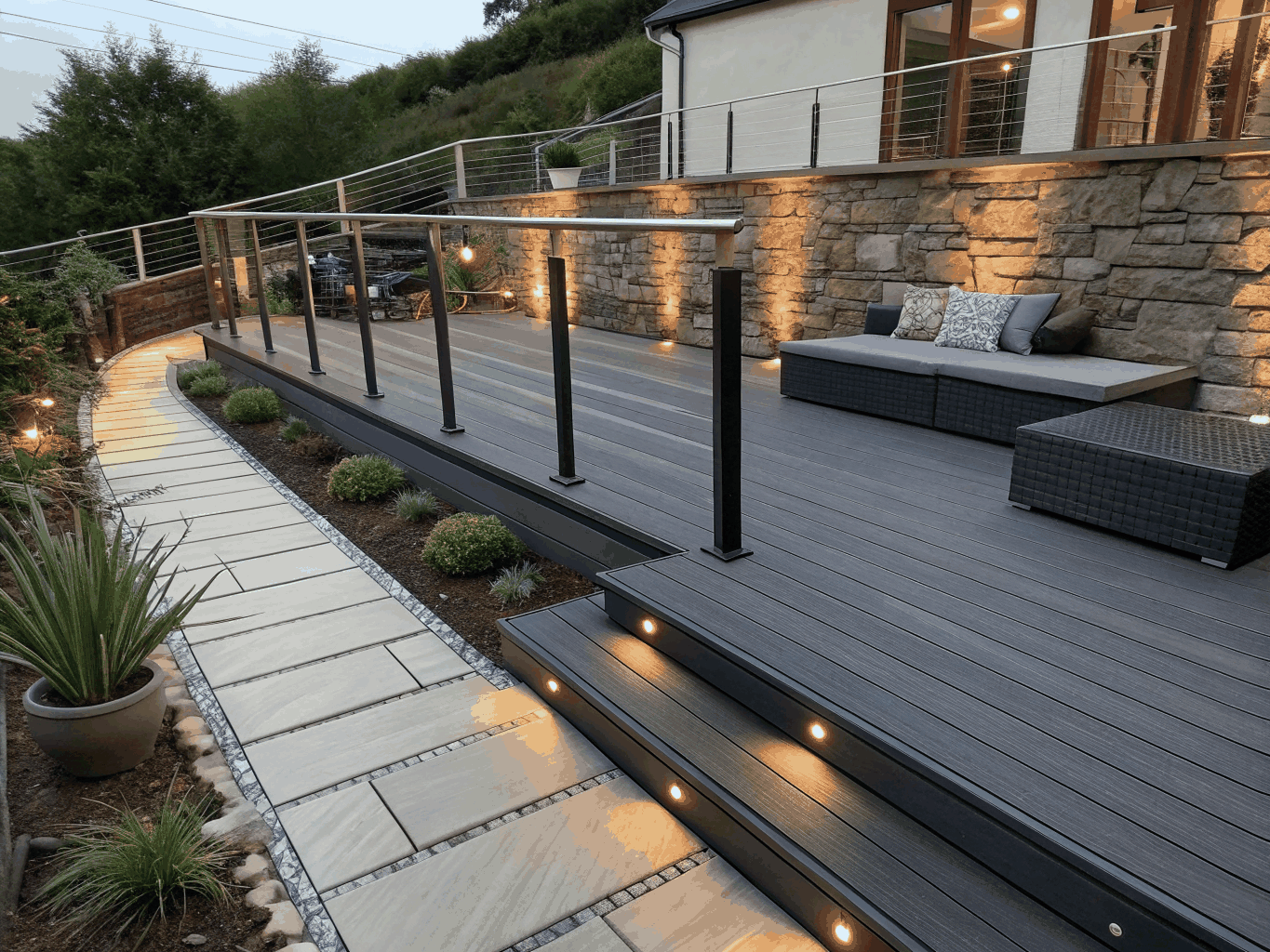 Elevated residential deck renovation with composite decking and cable railings