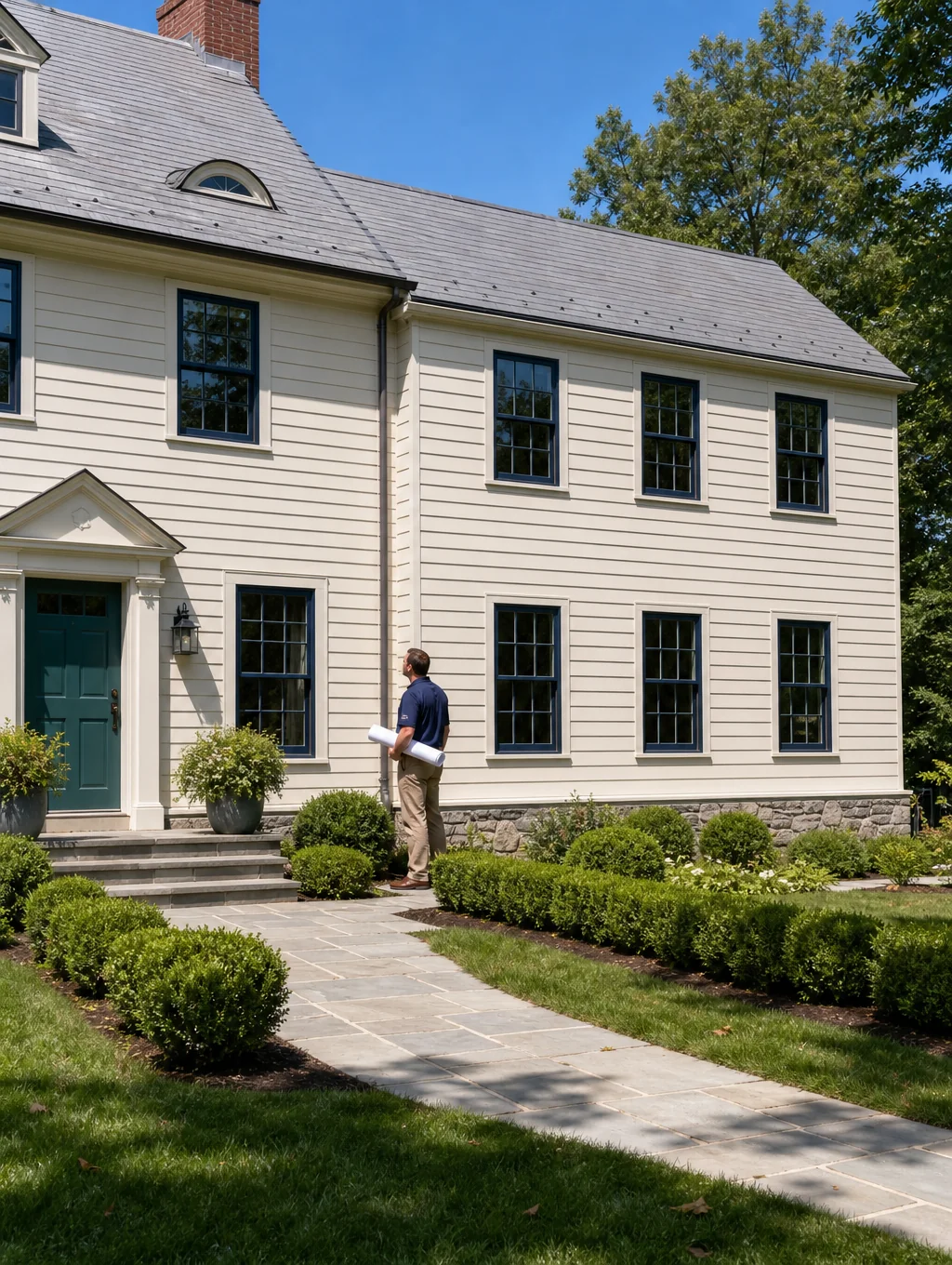 Architectural two-story home addition seamlessly integrated with original brick residence