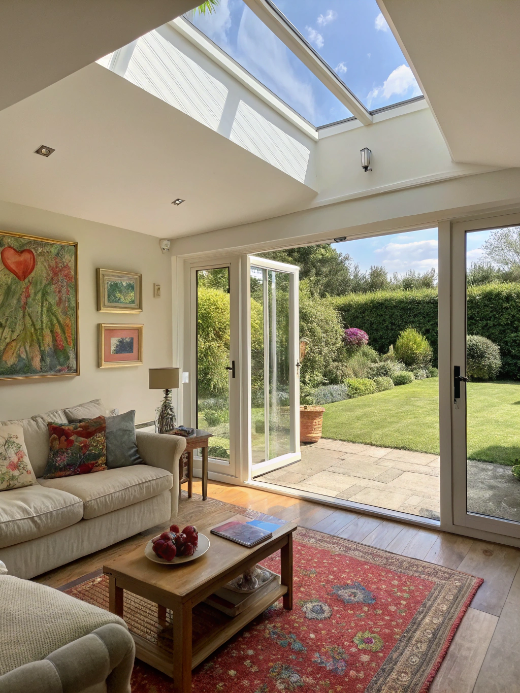 Interior view of a spacious sunroom and vaulted family room addition with floor-to-ceiling glass