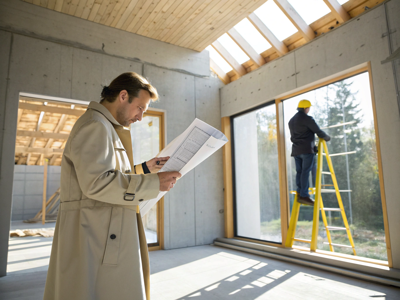Contractor and homeowner reviewing architectural plans during an in-home consultation