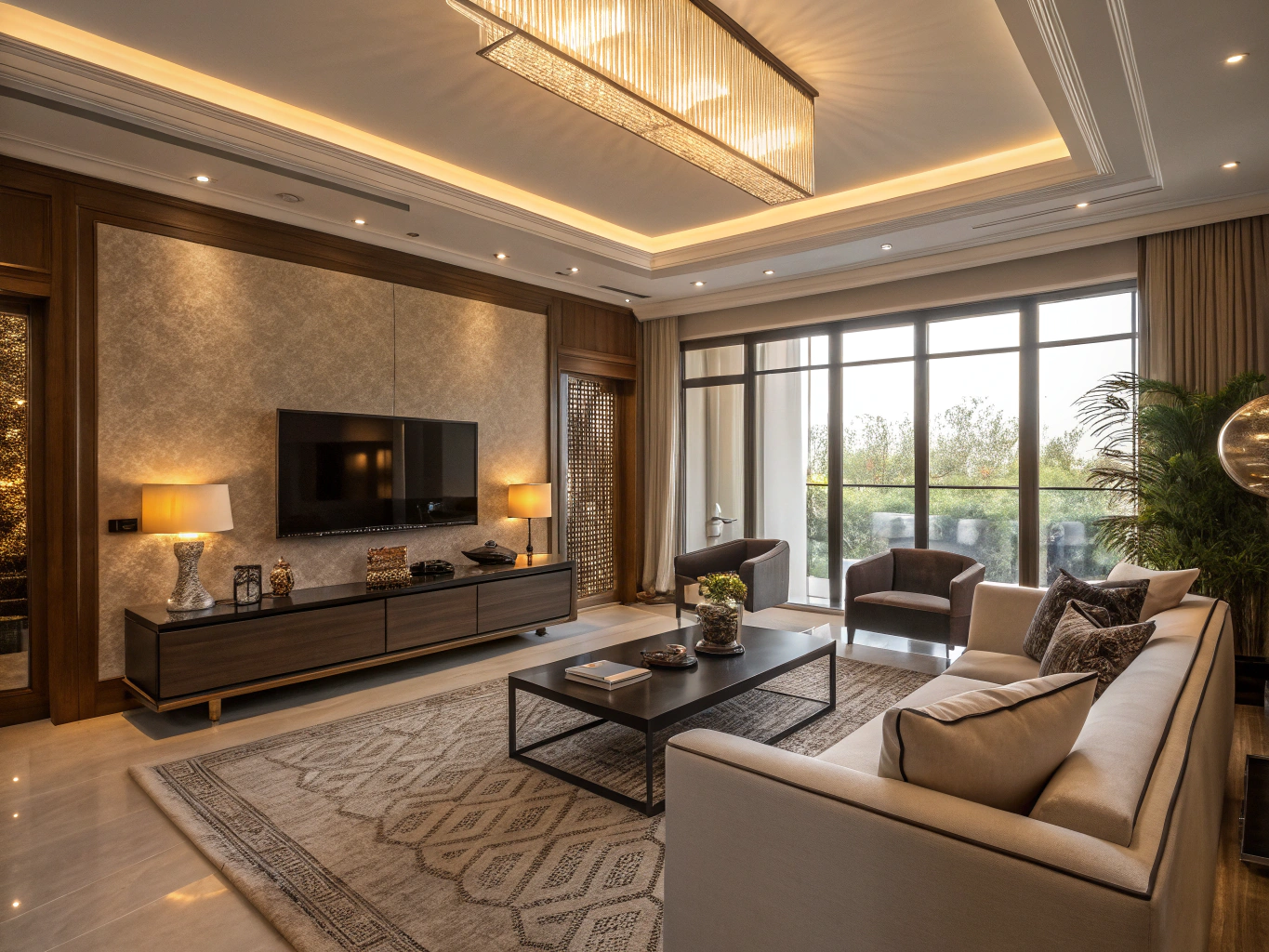 Renovated living room interior featuring custom millwork and updated lighting