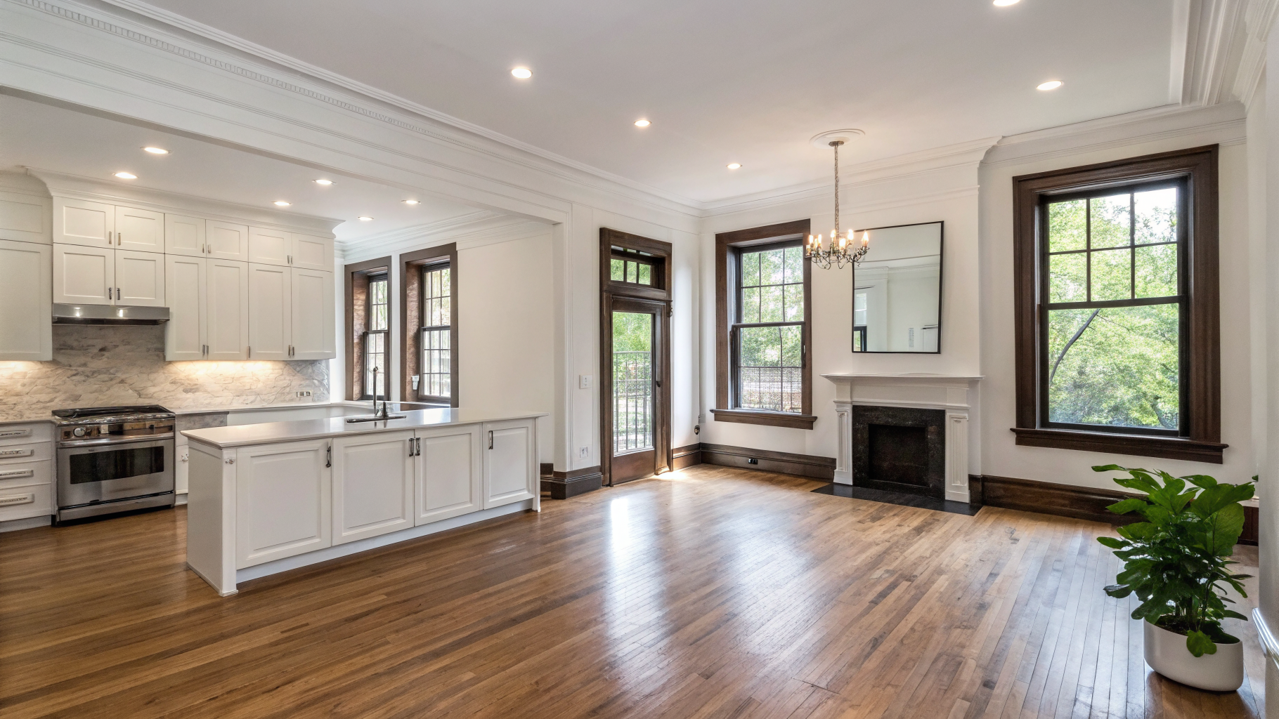 Sunlit architectural interior remodel in Brookhaven featuring white oak cabinetry and honed stone surfaces