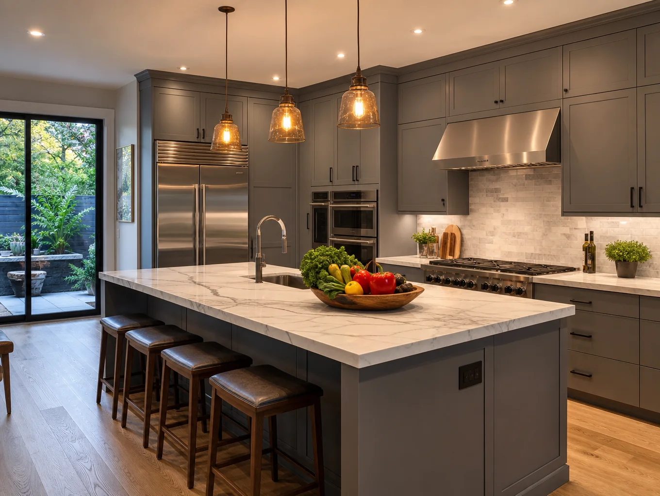 Custom residential kitchen remodeling project featuring natural wood cabinetry and marble island in Brookhaven