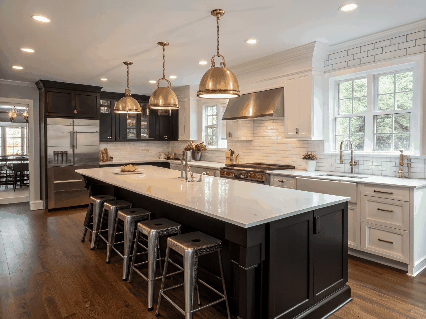 Renovated Brookhaven gourmet kitchen featuring custom white oak island and brass pendant lighting