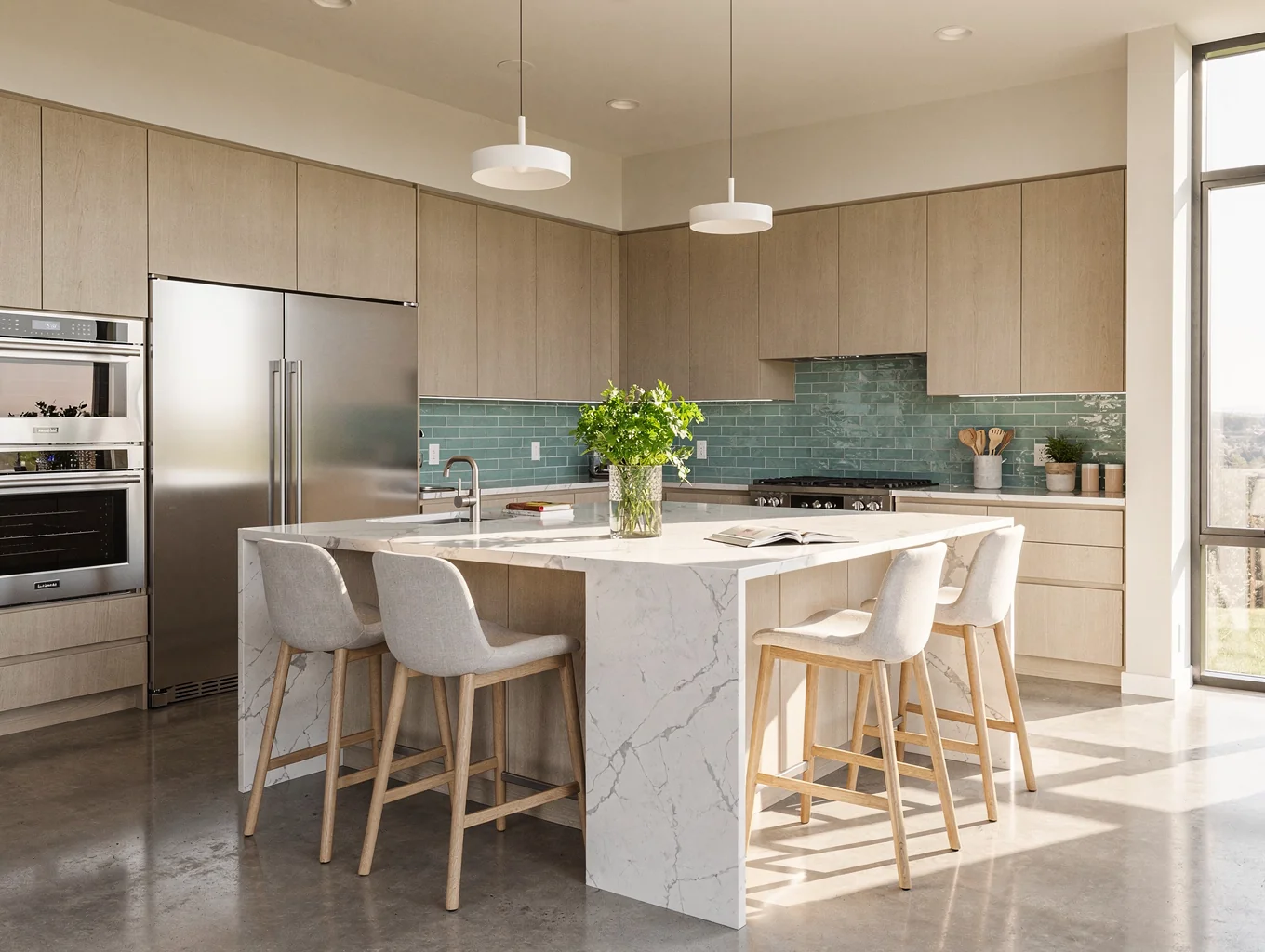 Bright open-concept kitchen renovation featuring custom quartz island and bespoke wood cabinetry
