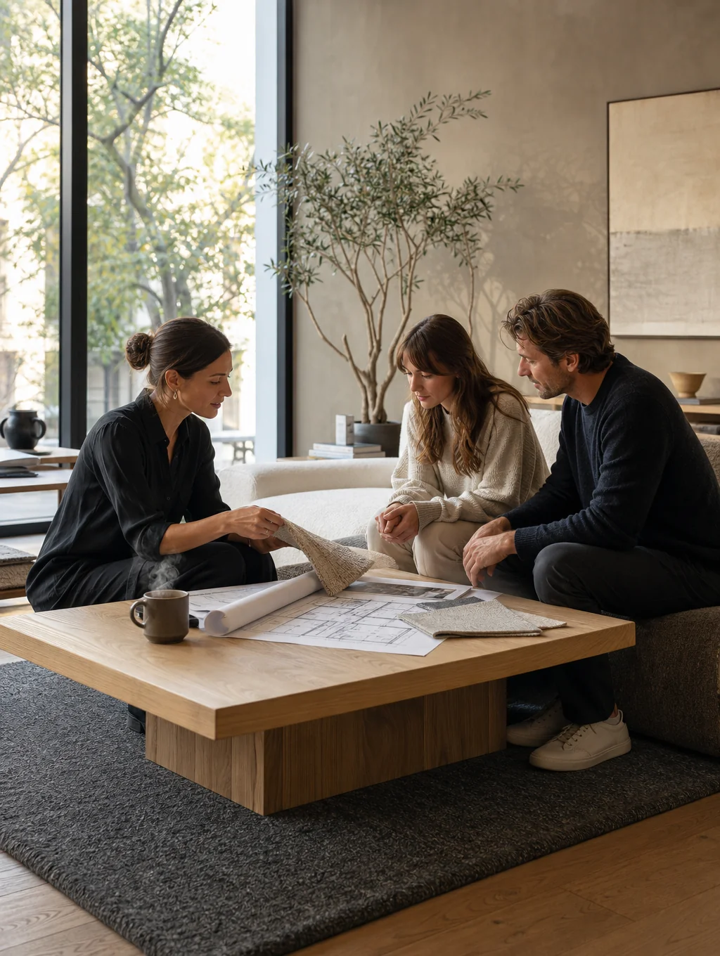 Lead designer reviewing renovation plans and architectural blueprints with homeowners