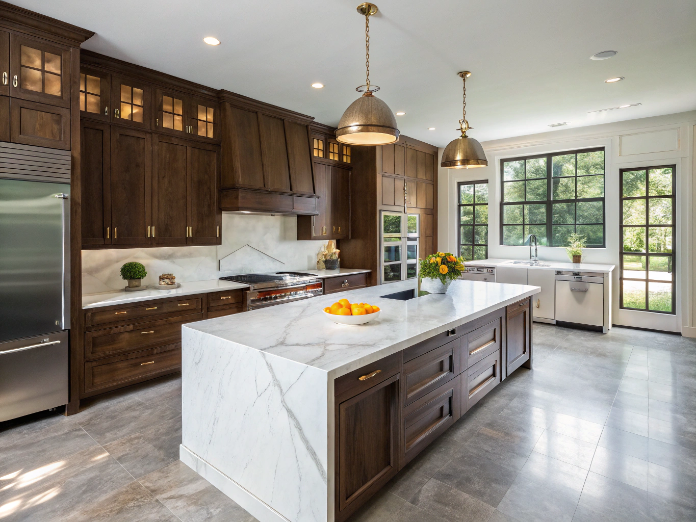 Modern chef kitchen remodel with brass accents and custom pantry in Brookhaven