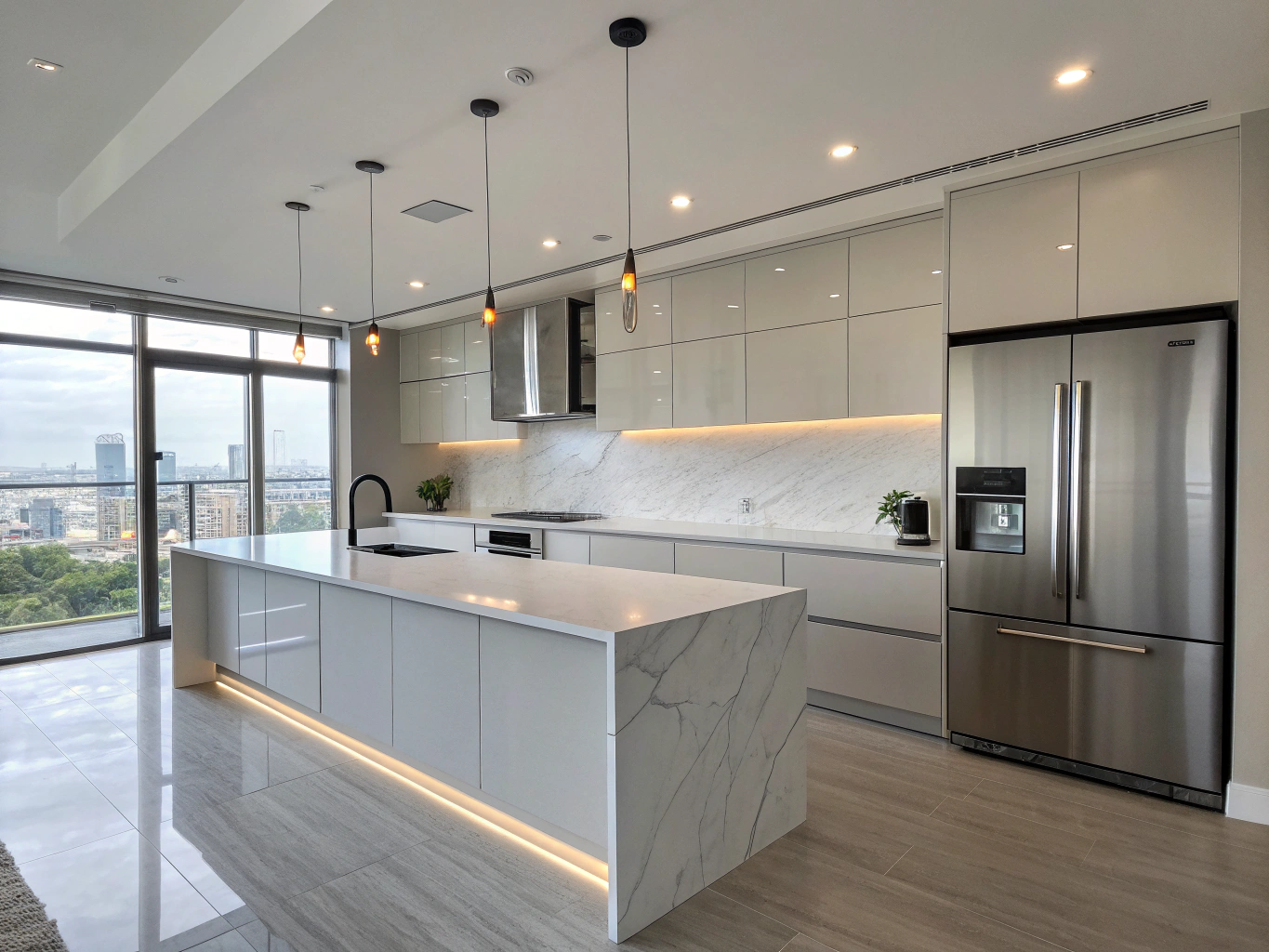 Luxury kitchen renovation with custom island, quartz countertops, and designer pendant lighting