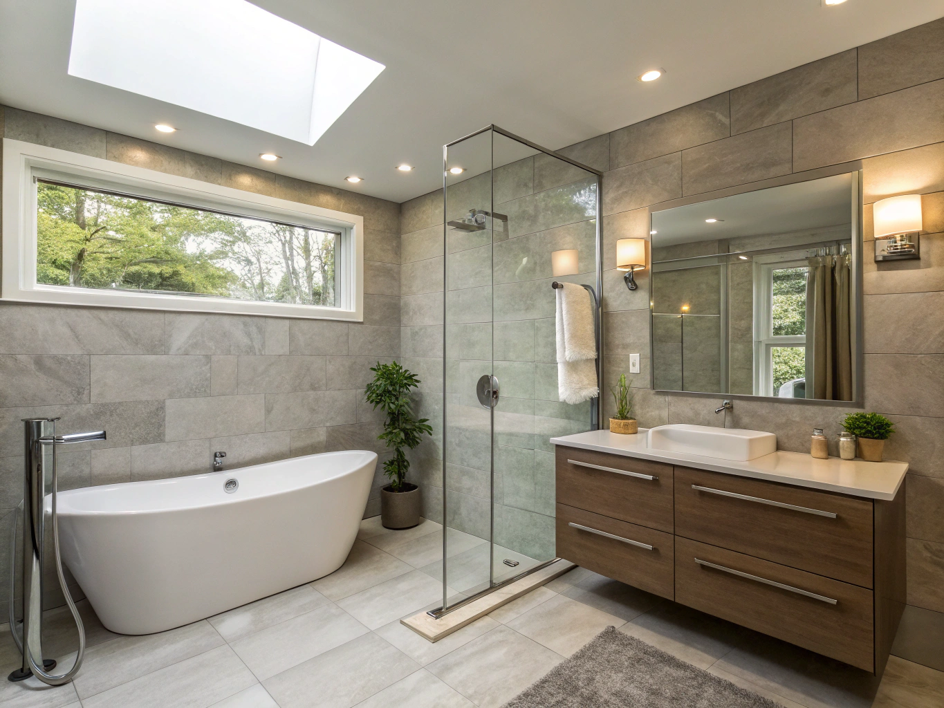 Luxury master bathroom remodel with frameless glass walk-in shower and freestanding soaking tub