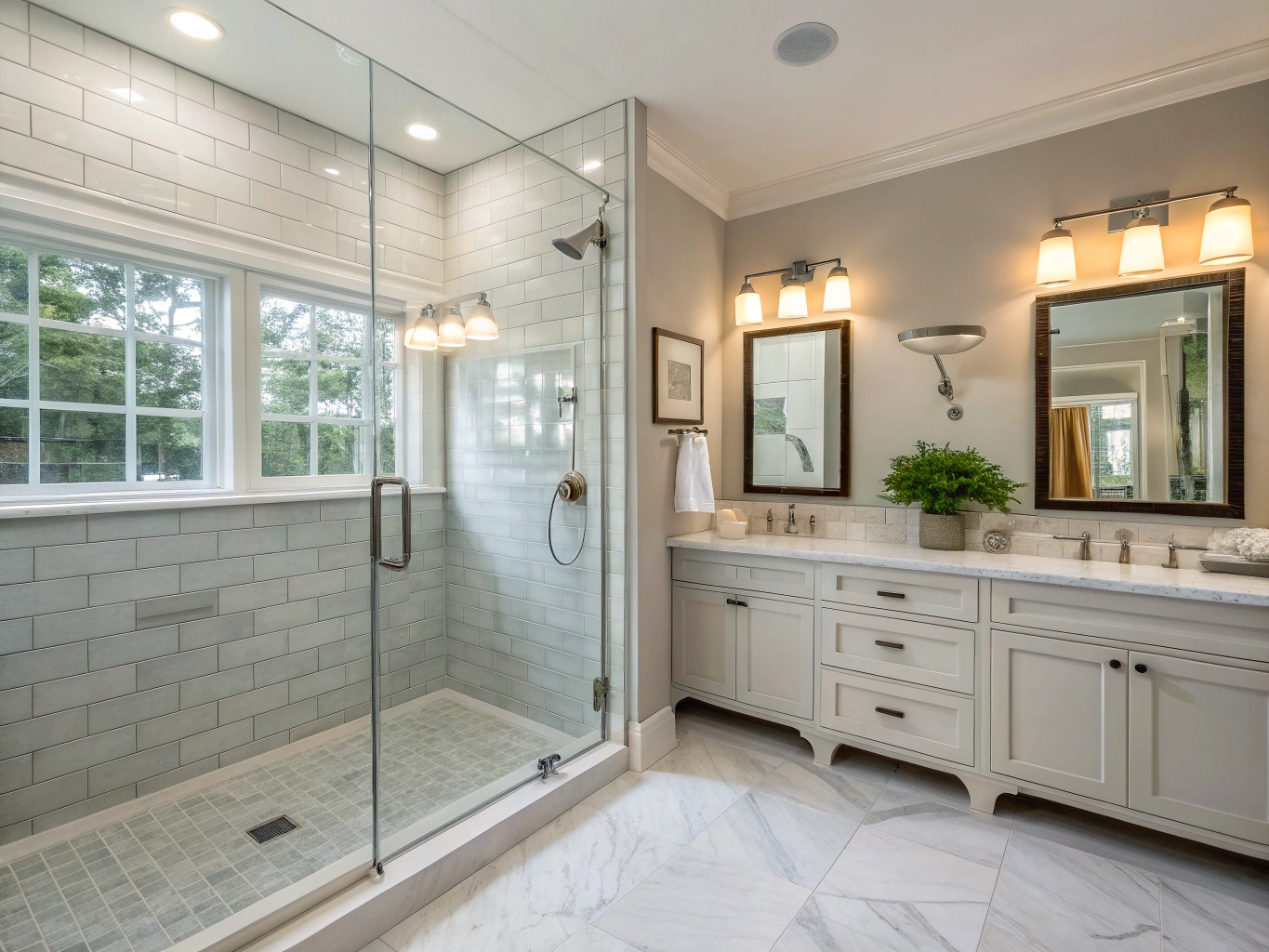 Custom tiled walk-in shower with dual vanities and brass hardware in a renovated Brookhaven home