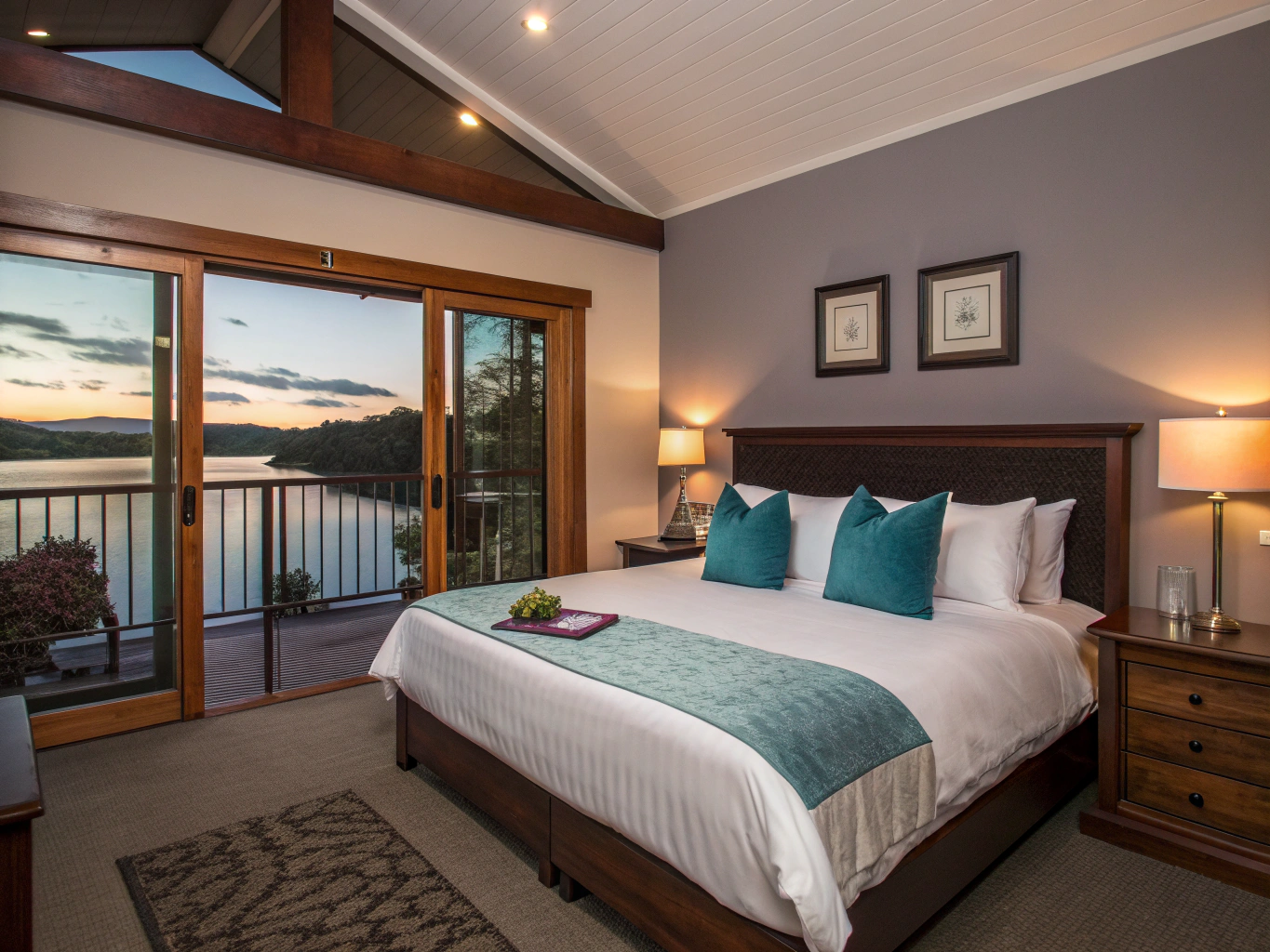 Master bedroom suite with fluted limestone fireplace and integrated oak built-in shelves