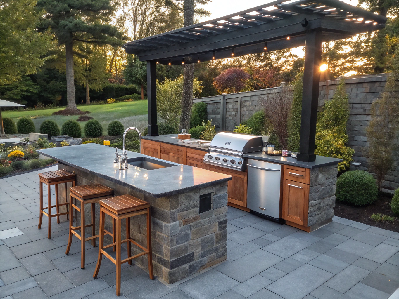 Natural bluestone patio paving surrounding outdoor prep island and grill