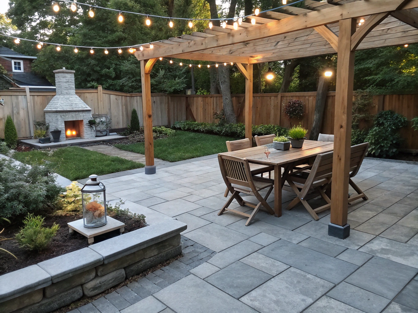 Covered outdoor living patio with cedar beam ceiling, outdoor stone fireplace, and dining arrangement