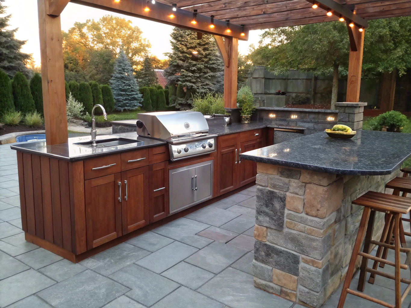 Custom outdoor kitchen with stainless grill, granite prep counters, and dining patio in a Brookhaven residential backyard