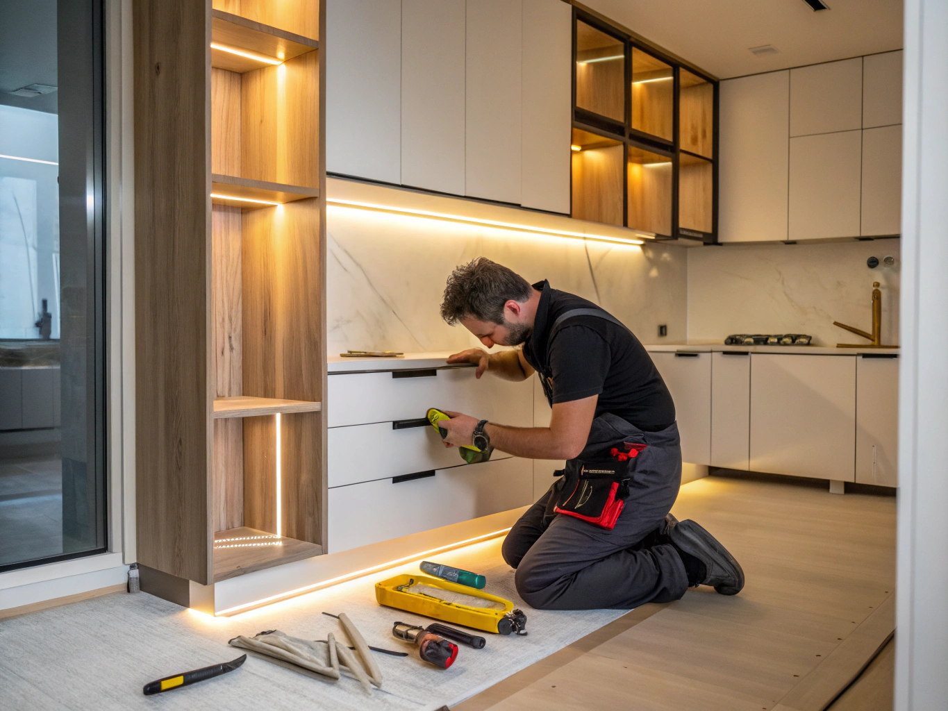 Residential remodeling craftsman fine-tuning custom white oak cabinetry in a Brookhaven Georgia residence