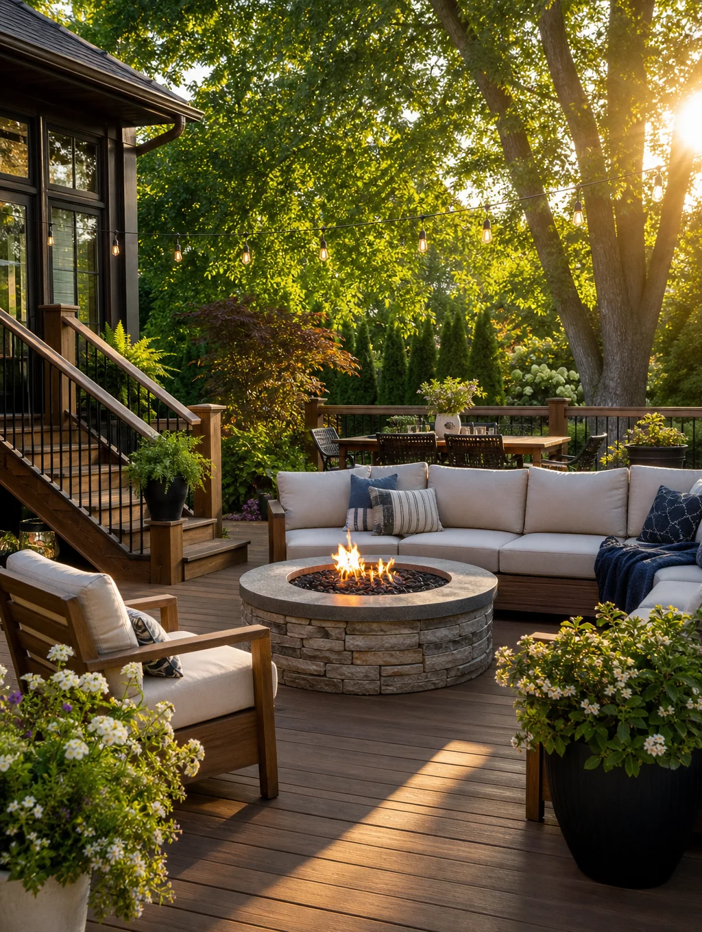Custom Brookhaven screened porch addition with stone outdoor fireplace and patio