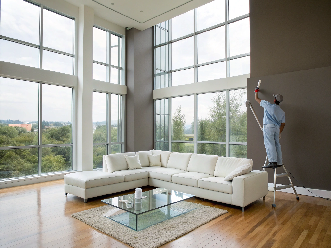 Open-concept Brookhaven residential interior renovation showing living room and dining transition