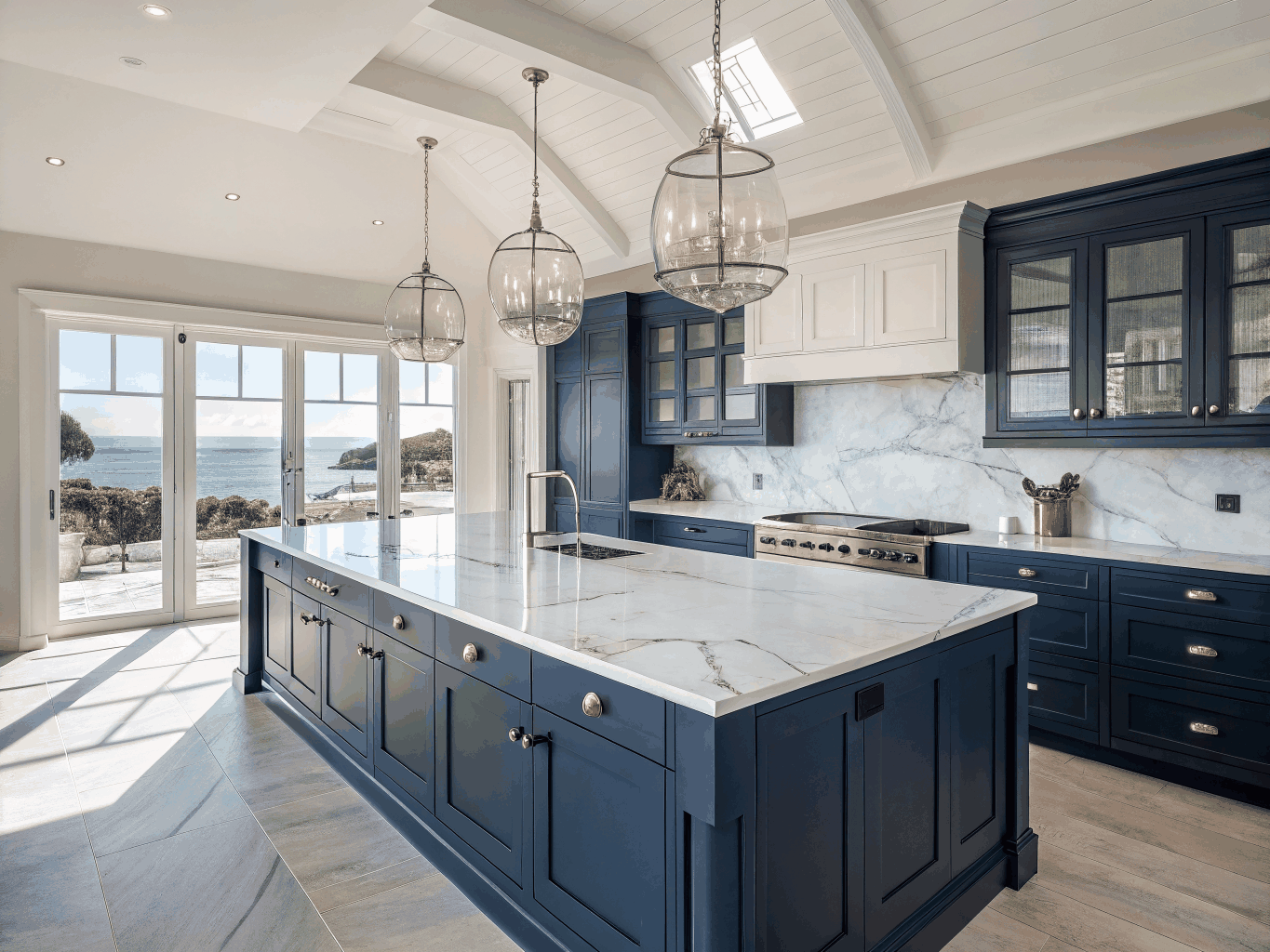 Contemporary navy kitchen design concept with fluted island and slab backsplash