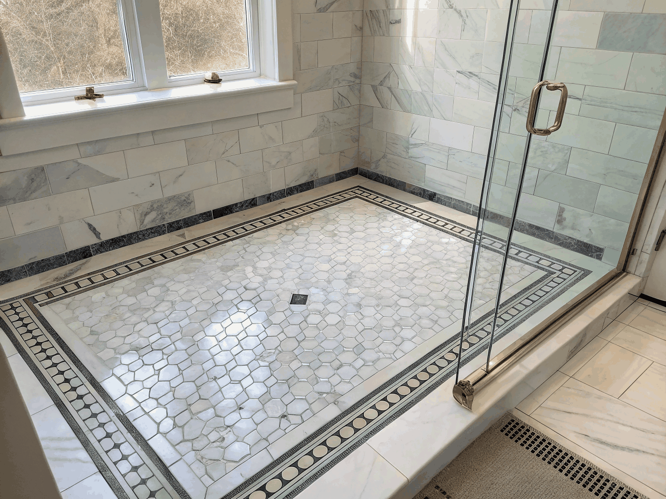 Walk-in shower with bookmatched Carrara marble slabs and brass fixtures