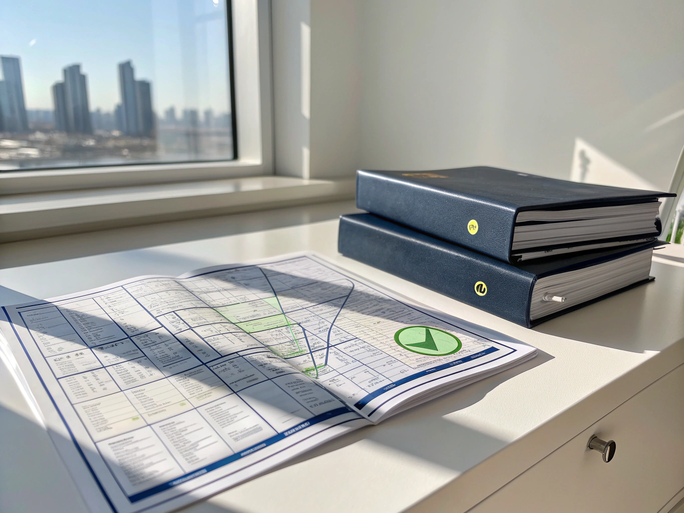 Approved municipal building permit documents and architectural drawings on a desk