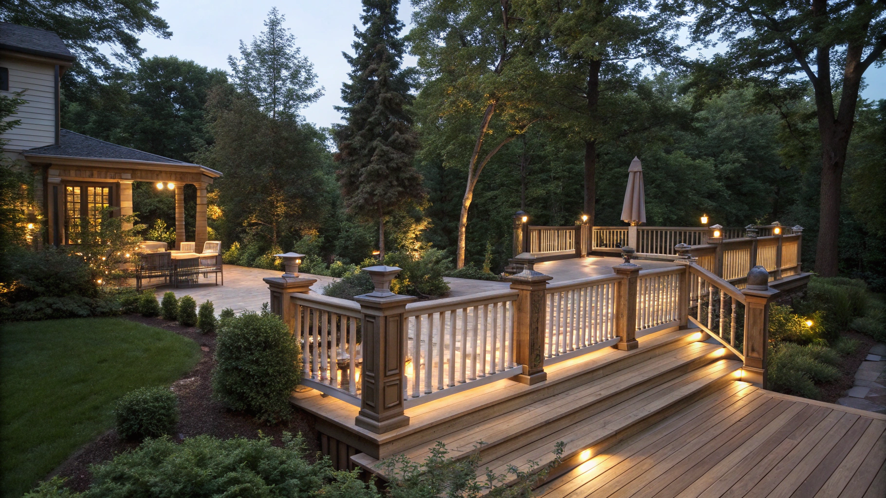 Multi-level residential composite deck with integrated railings and seating area
