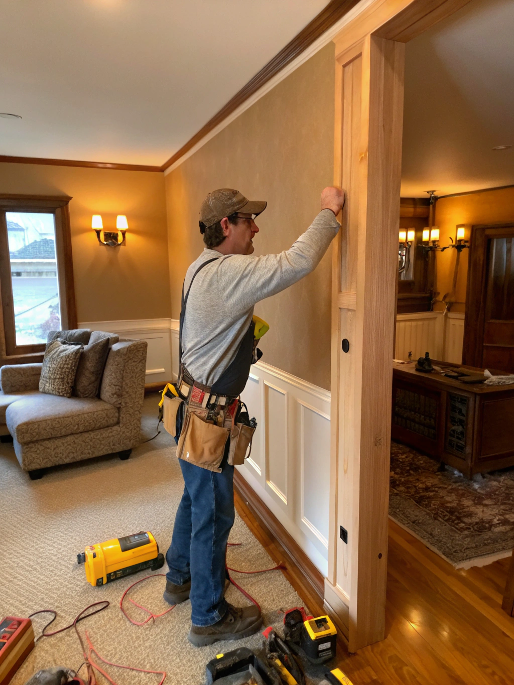 Carpentry craftsman installing precision millwork during residential renovation