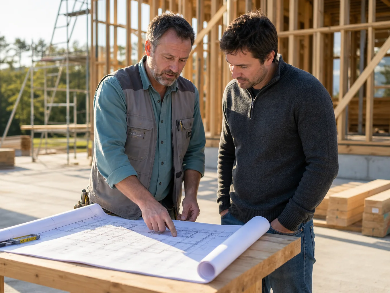 Contractor discussing backyard deck plans with homeowners on site