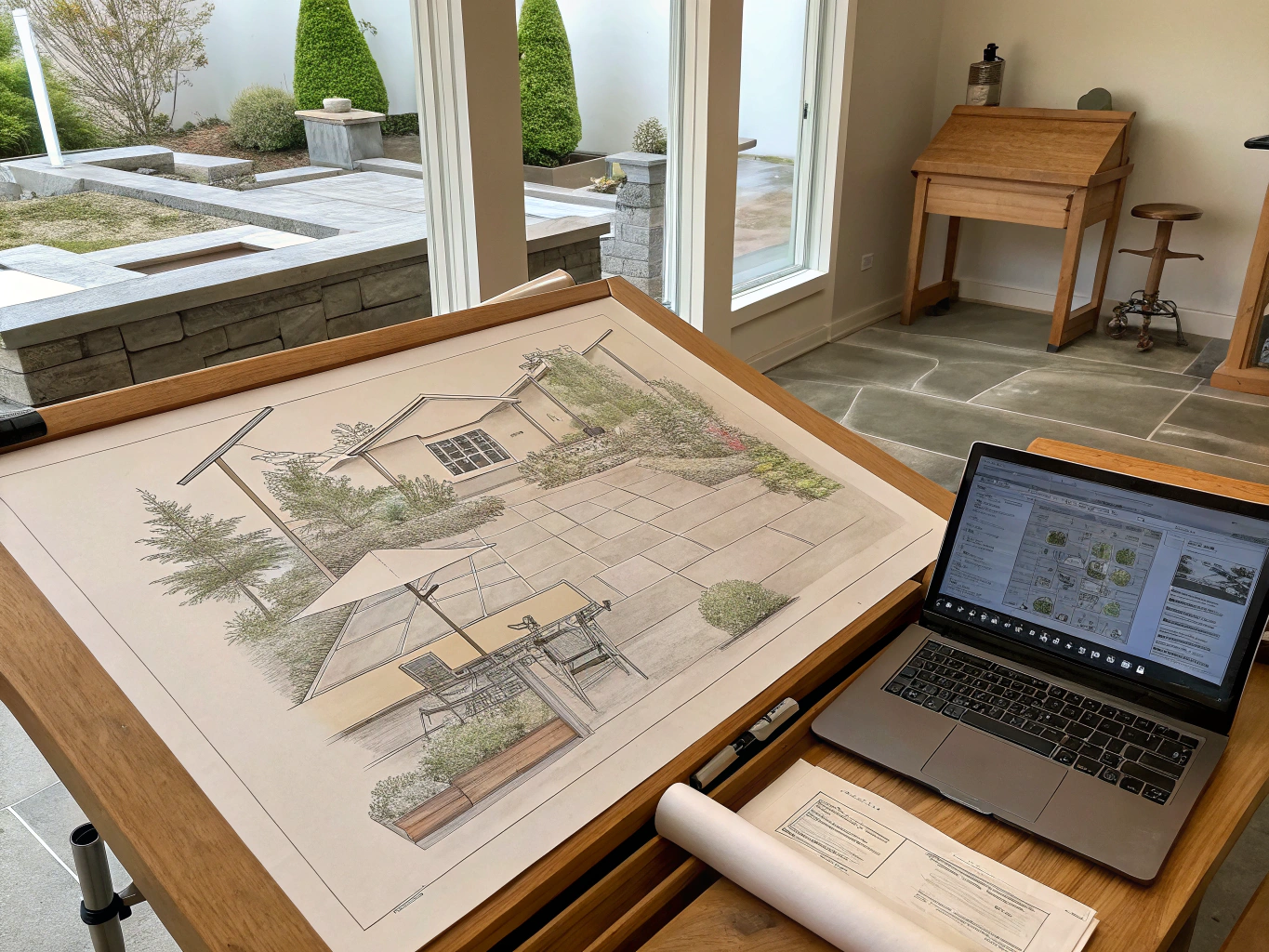 Architectural blueprints and material swatches for a custom outdoor deck