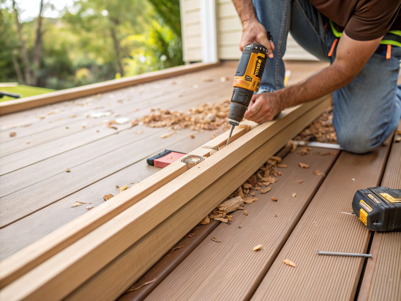 Carpenters installing pressure-treated framing and composite deck boards
