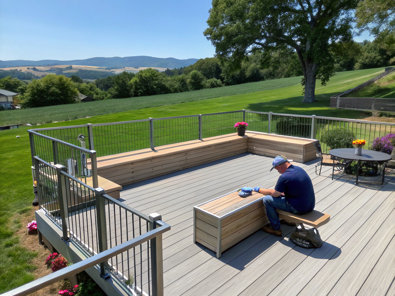 Elevated residential composite deck with clean balustrades
