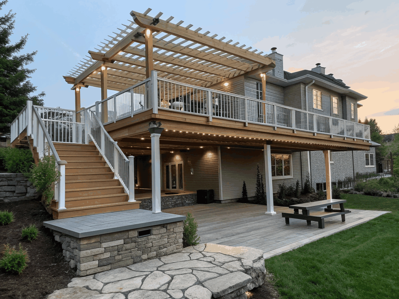 Multi-level composite deck installation with black cable railings overlooking a wooded backyard